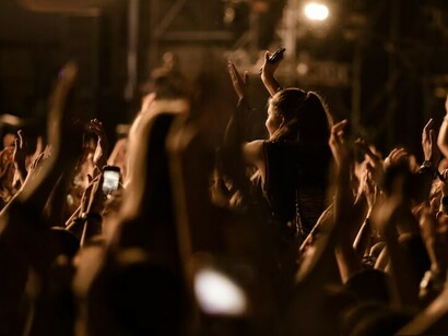 A lively crowd with raised arms enjoys the music under the night sky at a vibrant festival
