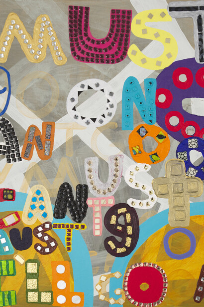 Samuel Jablon, Beckett, 2014, Acrylic, glass tile, mirror, fused glass, 24k gold tile on wood, 62 x 52. Courtesy of the artist and Freight+Volume