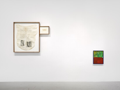Off Script, curated by Jeannette Bisschops, with works by Art & Language, Joel Dean, Paige K.B., Anna K.E., Christine Sun Kim, Kang Seung Lee, and Sue Tompkins, 2023, installation view. Courtesy of Simone Subal Gallery