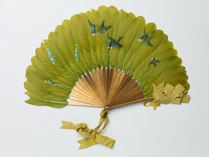 George Keiswetter, German, 19th century
Allen Fan Company, manufacturer, American, 19th century, Brisé fan, ca. 1890, Painted feathers; wood sticks, silk ribbon
Length: 21 cm (8 1/4 inches) Gift of Lila and Martha Wetherbee 56.203.27