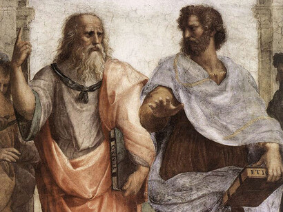 Rafael Sanzio; Detalle de 'La escuela de Atenas' (Leonardo da Vinci como Platón camina junto a un joven Aristóteles)