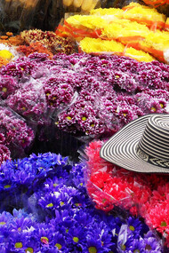 Flores amarillas azules y rojas con un sombrero encima, representando los colores de la bandera de Colombia y Venezuela