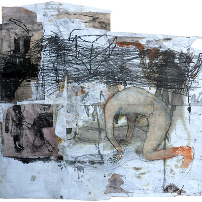 Marco Rossi, Senza titolo, 2013, tecnica mista e collage su carta intelata, 88 x 97 cm  