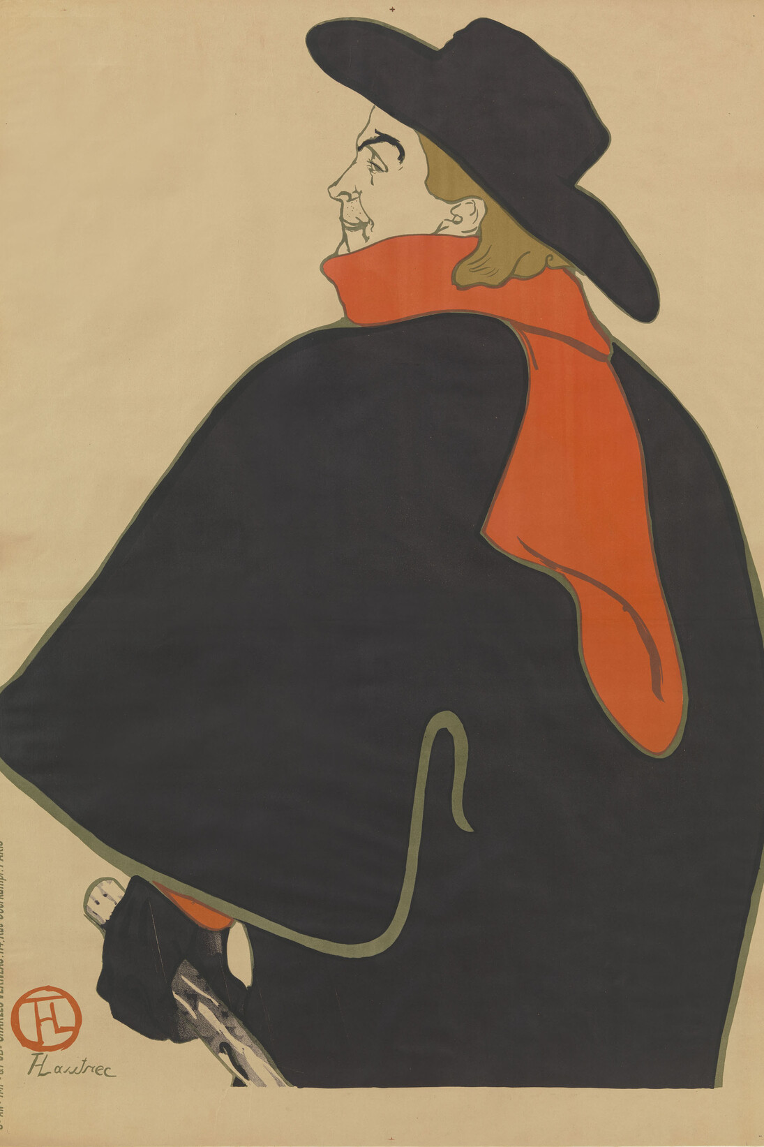 Henri de Toulouse-Lautrec (French, 1864–1901). Aristide Bruant dans son cabaret (Aristide Bruant in His Cabaret). 1893. Lithograph, sheet: 53 9/16 x 37 15/16 in. (136 x 96.3 cm) The Museum of Modern Art, New York. Gift of Emilio Sanchez, 1961