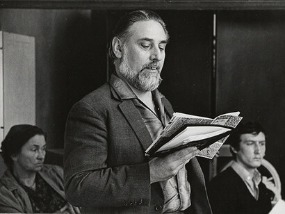 Bob Cobbing reading 'Are Your Children Safe in the Sea'  circa 1966-1972. Photograph: John Bennett 