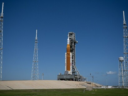 NASA’s Artemis II SLS rocket and Orion spacecraft are seen lit up at Launch Complex 39B, Kennedy Space Center, Florida, USA, on January 17, 2026
