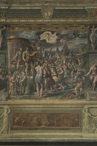 Bottega di Raffaello.Pared "Visión de la Cruz" antes de la restauración. Sala de Constantino. Foto gentileza de los Museos Vaticanos