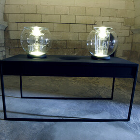 Pascal Broccolichi, Espace résonné, 2013, Blown glass modules, metal structure, wooden tray inlaid with carved pavilion, Loudspeakers, piezo ceramic transducers, amplifier, mixing console, 160 x 200 x 86 cm, Courtesy CIRVA Marseille, DRAC PACA, Photo Credit : Pascal Broccolichi