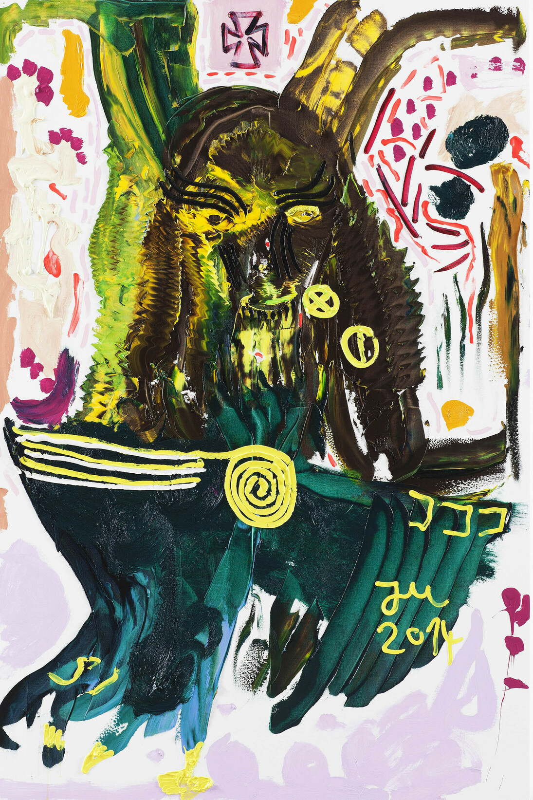 Jonathan Meese, "PIGG-MEN-TOZ, DE ERZMAKER, KNACKO SCHNATTO" 2014, oil and acrylic on canvas
210.5 x 140.3 x 3.3 cm, 82 7/8 x 55 1/4 x 1 1/4 ins, Copyright the artist; Courtesy the artist and Stuart Shave/Modern Art, London