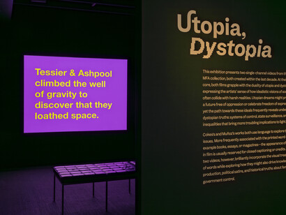 Tony Cokes and Oscar Muñoz, Utopia, dystopia, exhibition view. Courtesy of Museum of Fine Arts Boston