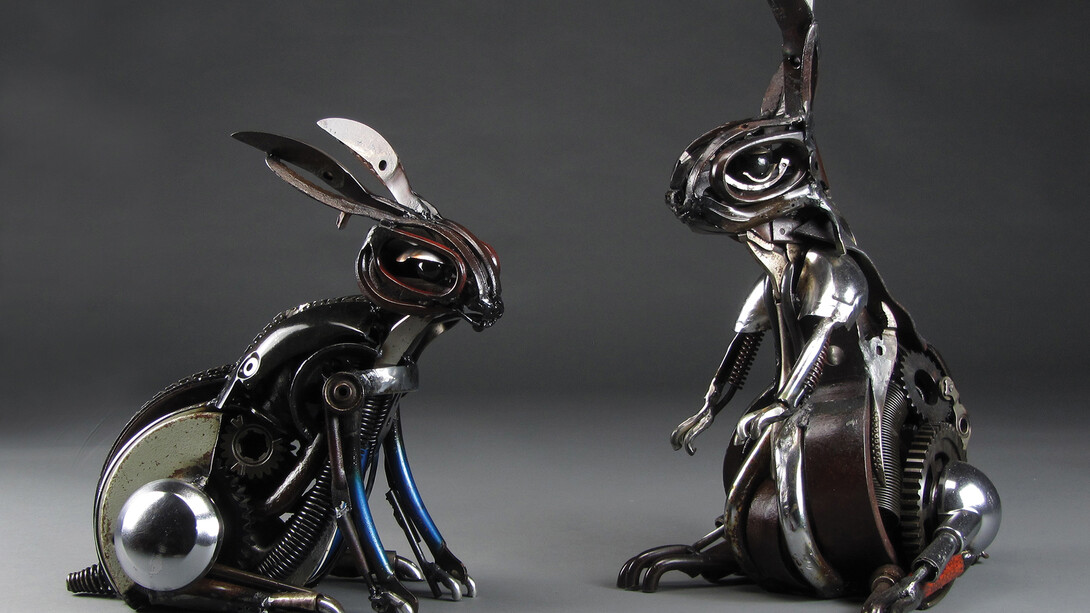 Jud Turner, ‘Blackberry the Rabbit’ (left), Welded machinery and tools, 41 x 36 x 26 cm and ‘Silver the Rabbit’ (right), Welded machinery and tools, 51 x 31 x 26 cm