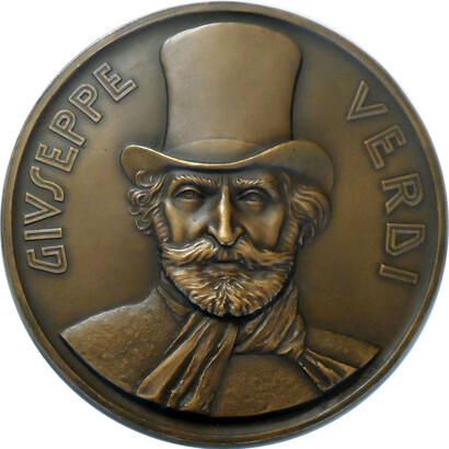 Piero Monassi, D/Givseppe Verdi, Anno di emissione: 1966, Stabilimento: Istituto Poligrafico e Zecca dello Stato, Roma, Bronzo fuso, mm. 180, Medagliere Ambrosiano, Fondo Monassi