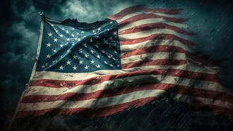 A frayed American flag hangs in quiet testimony to a nation grappling with democratic strain