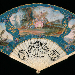Folding fan, French Or English, 1760S. Skin leaf painted in gouache and gilded; pierced and carved ivory sticks with applied mother-of-pearl. Gift of Miss Annie Jewett.