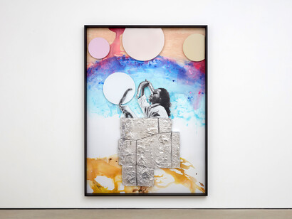 Lothar Hempel, Vision einer Vision, 2018, acrylic and watercolour on aluminium board, archival inkjet on dibond, maritime insulation foil, string, Moroccan newspaper, 283 x 204 x 10 cm, 111 3/8 x 80 1/4 x 4 ins. Photo: Robert Glowacki. Courtesy Stuart Shave/Modern Art, London