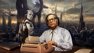 Isaac Asimov sits at his typewriter as a humanoid robot looms behind him, embodying the uneasy boundary between human imagination and the autonomous future he once envisioned