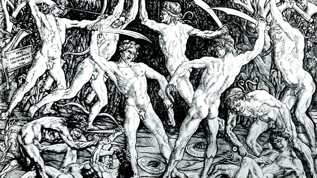 Antonio Pollaiolo, "La battaglia dei nudi" (1465-1470 ca), bulino. Prima opera nella storia dell'incisione ad essere firmata dall'artista che l'ha disegnata.