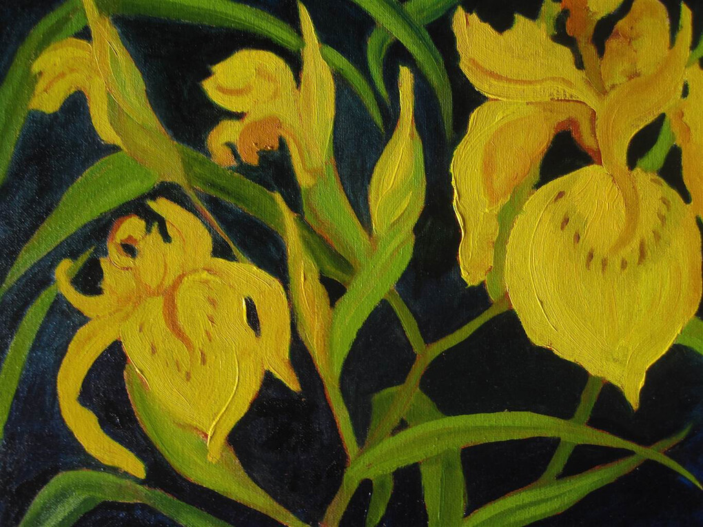 Nancy Klos, Yellow Iris, Oil on Board, 16" x 18"
