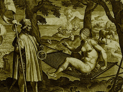 Vespucci awakens "America" in a 1638 Jan Galle engraving