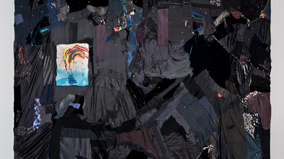 Todd Knopke, Night, 2015, fabric, thread, tassel, plastic plant, acrylic paint, sole insert, metal, net dimensions variable