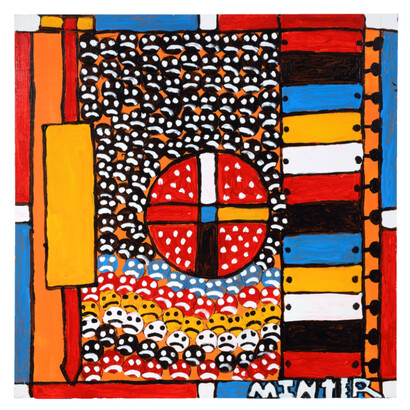 Joe Minter, Covid-19 Shots Mask Feared By People, 2022, paint on wood panel, 48x48 inches. Courtesy the artist and March Gallery, NYC