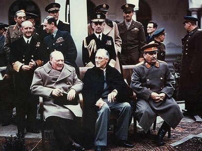 Yalta summit in February 1945 Crimea with (from left to right) Winston Churchill, Franklin Roosevelt and Joseph Stalin. Also present are USSR Foreign Minister Vyacheslav Molotov (far right); Field Marshal Alan Brooke, Admiral of the Fleet Sir Andrew Cunningham, RN, Marshal of the RAF Sir Charles Portal, (standing behind Churchill); George Marshall, Army Chief of Staff and Fleet Admiral William D. Leahy, USN