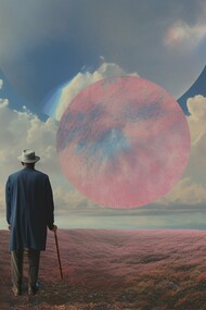 A lone figure stands on a surreal landscape beneath an expansive, ethereal sky, perfectly encapsulating the journey from individual awakening and appreciation of life's miracles to profound reflections on human existence amidst global complexities and political clamor