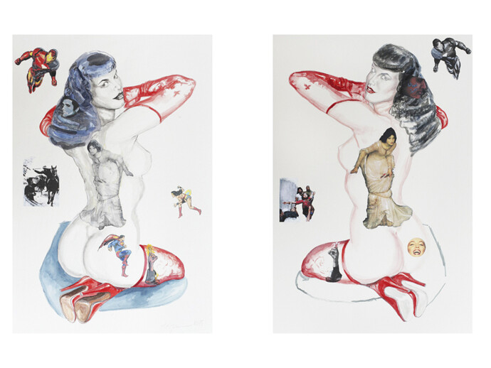 Margaret Harrison, You Looking at Me?, 2013, watercolor on paper, diptych: 28 x 19 ½ inches each, Courtesy of Ronald Feldman Fine Arts, New York