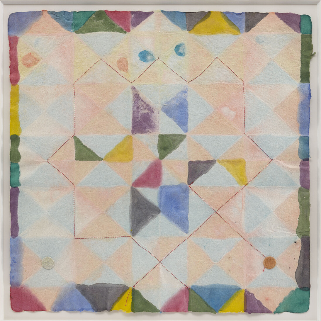 Alan Shields, Colors in Clay, 1988, Watercolor, stitching on handmade paper, 18 x 18 inches. Courtesy of the Estate and Van Doren Waxter.