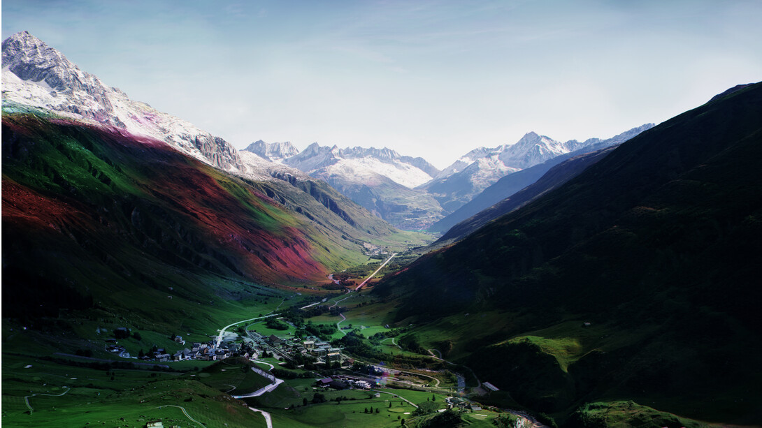 Florian Maier-Aichen, Untitled (Andermatt), 2014, C-print, 73 x 92 1/4 inches framed, Edition of 6, 2 AP. Courtesy of the artist; Blum & Poe, Los Angeles; Gagosian Gallery, New York; and 303 Gallery, New York
