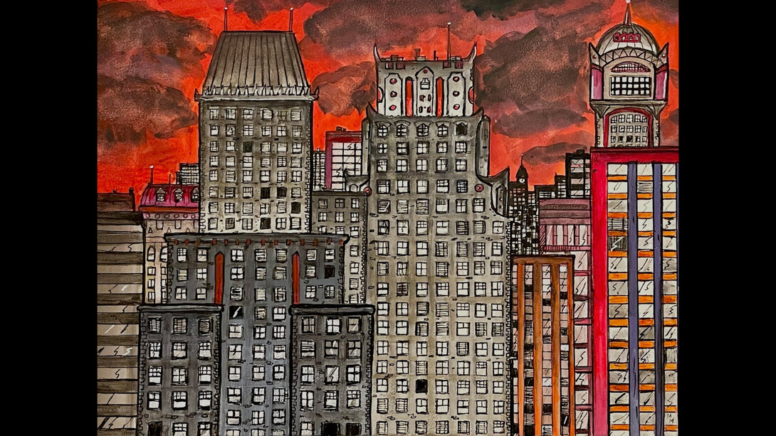 Marina Marchand, Crimson City, 2023, Watercolor, gouache, acrylic and ink on aquaboard, 9 × 12 in | 22.9 × 30.5 cm. Courtesy of Fountain House Gallery