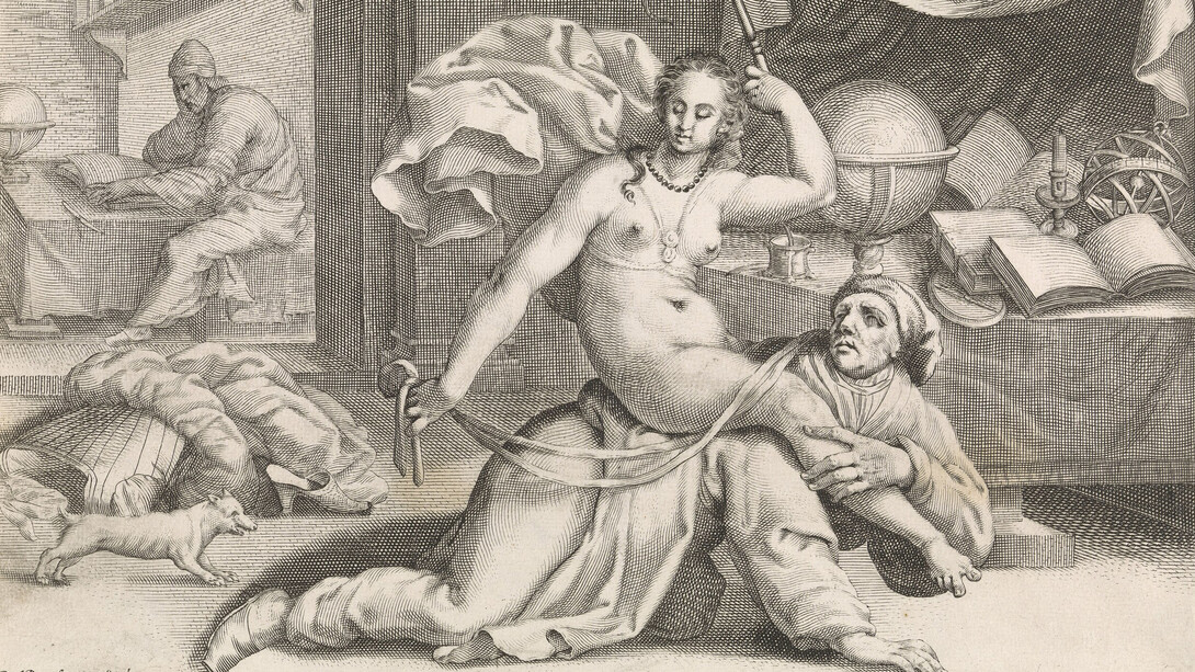Ilustración de Aristóteles y Filis, atribuida a Pieter de Jode y realizada entre 1588 y 1592. Ella, despojada de su ropa, monta a Aristóteles, quien se arrastra sobre manos y rodillas en un estudio. Atrás, se aprecian una mesa sobre la que hay un globo terráqueo, libros, un tintero y un candelabro