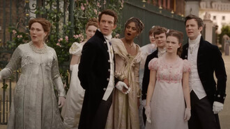 The Bridgerton family gathered in front of their stately home, as featured in Netflix's hit series 'Bridgerton' 