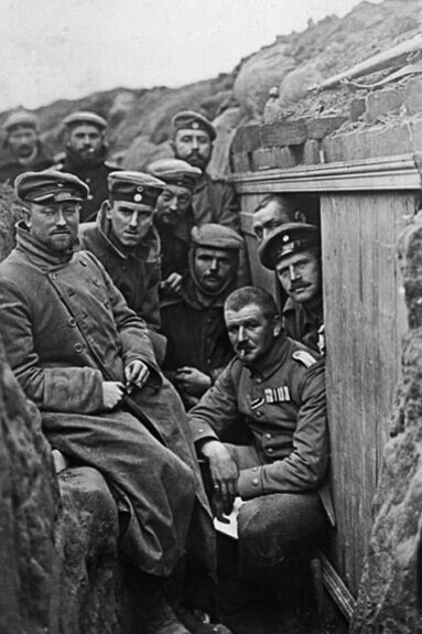 German soldiers in a trench near Ypres, Belgium, during World War I. The Ypres Salient was the site of a series of major battles between German and Allied forces—including Belgian, French, British, and Canadian troops—from 1914 to 1918. These battles resulted in hundreds of thousands of casualties and became emblematic of the brutal trench warfare of the Great War