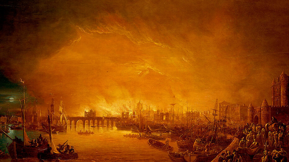 Painting of 'The Fire of London, September 1666', unknown, 17th century, (c) National Maritime Museum, London