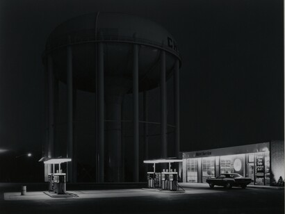 George Tice, Petit's Mobil Station, Cherry Hill, New Jersey, 1974, gelatin silver print, 8 x 10 inches. Courtesy of Joseph Bellows Gallery, La Jolla California