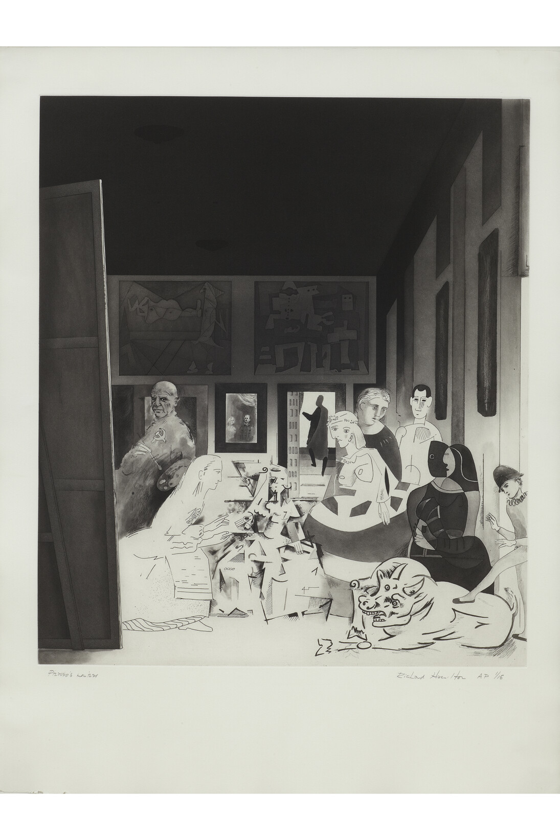 Richard Hamilton, Picasso`s Meninas, 1973, Hard, soft-ground and stipple etching, open-bite and lift-ground aquatint, engraving, drypoint and burnishing on Rives paper Paper 75.5 x 56.7 cm / Image 57.1 x 49.1 cm, Courtesy Estate of Richard Hamilton and Alan Cristea Gallery, London