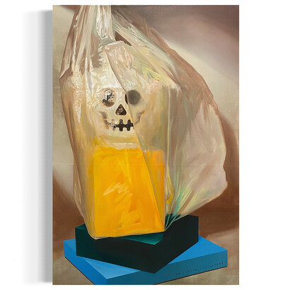 Kyung Tae Kim, Toy Box in Bag, 2023, acrylic on linen, 36x24 inches. Courtesy of the artist and Space 776, NYC