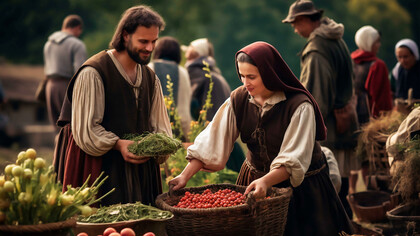 Experience a vivid portrayal of medieval life with a historical rendering of a bustling market scene, capturing the vibrant food culture and lively atmosphere of the era