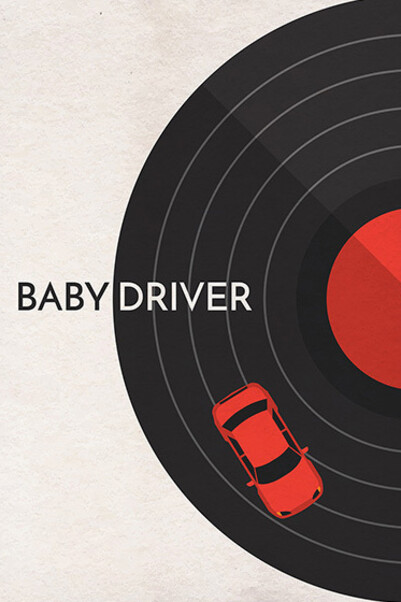 Baby driver: the action-packed heist film visualized as a vinyl record with a speeding car, perfectly capturing the movie's music-driven energy