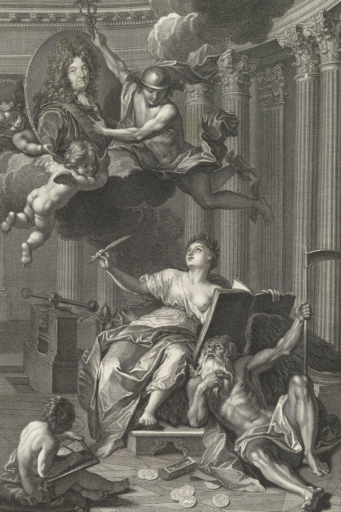 Frontspiece, Medallic History of Louis the Great
1723, Father Time lies defeated by the medallic history of Louis XIV which will last forever © The Trustees of the British Museum
