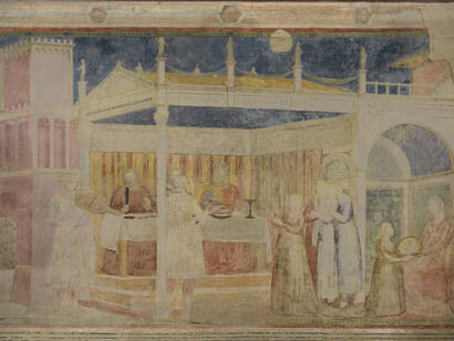 Firenze. Santa Croce, cappella Peruzzi. Giotto,
Banchetto di Erode
Documentazione fotografica a luce visibile e della fluorescenza da ultravioletti del ciclo pittorico di Giotto: Art Imaging di  Annette Keller 

