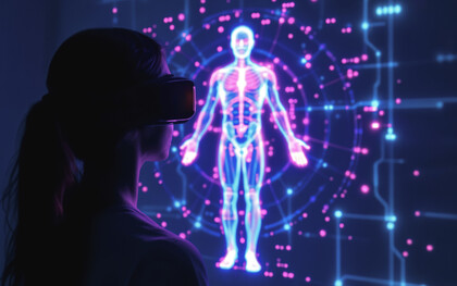 Un utilisateur de réalité virtuelle examine un corps numérique à mesure que les biotechnologies et les systèmes en réseau se rejoignent de plus en plus