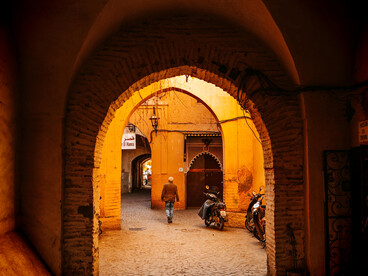 Historic archway within the narrow streets of the Marrakesh medina, Marrakesh–Safi, Morocco