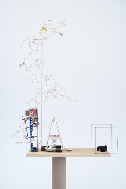 Sarah Sze, Model for a First Impression, 2015, Mixed media, 210.8 x 76.2 x 43.2 cm 83 x 30 x 17 in, Courtesy the Artist and Victoria Miro, London © Sarah Sze