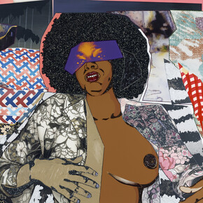 Mickalene Thomas, Portrait of Maya #8, 2015, Strass, acrylique, émail et sérigraphie sur panneau de bois, Rhinestones, acrylic, oil, enamel paint and silk screen on wood panel, 152,4 x 243,84 x 5,08 cm, Courtesy Mickalene Thomas & Galerie Nathalie Obadia Paris/Bruxelles. Copyright: Mickalene Thomas Studio