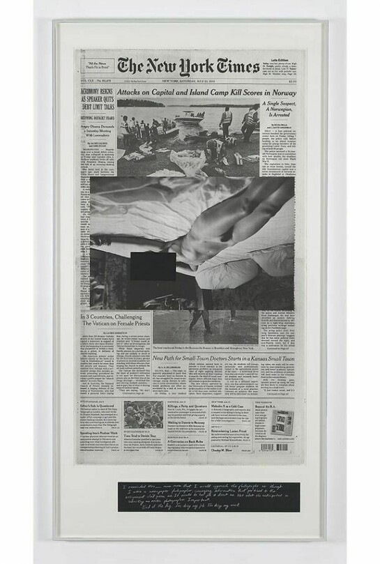 Leigh Ledare, An Invitation: Saturday, July 23, 2011, 2012, Photolithograph on archival newsprint, silkscreen and pencil, 91 1/4 by 47 3/4 in. 231.8 by 121.3 cm