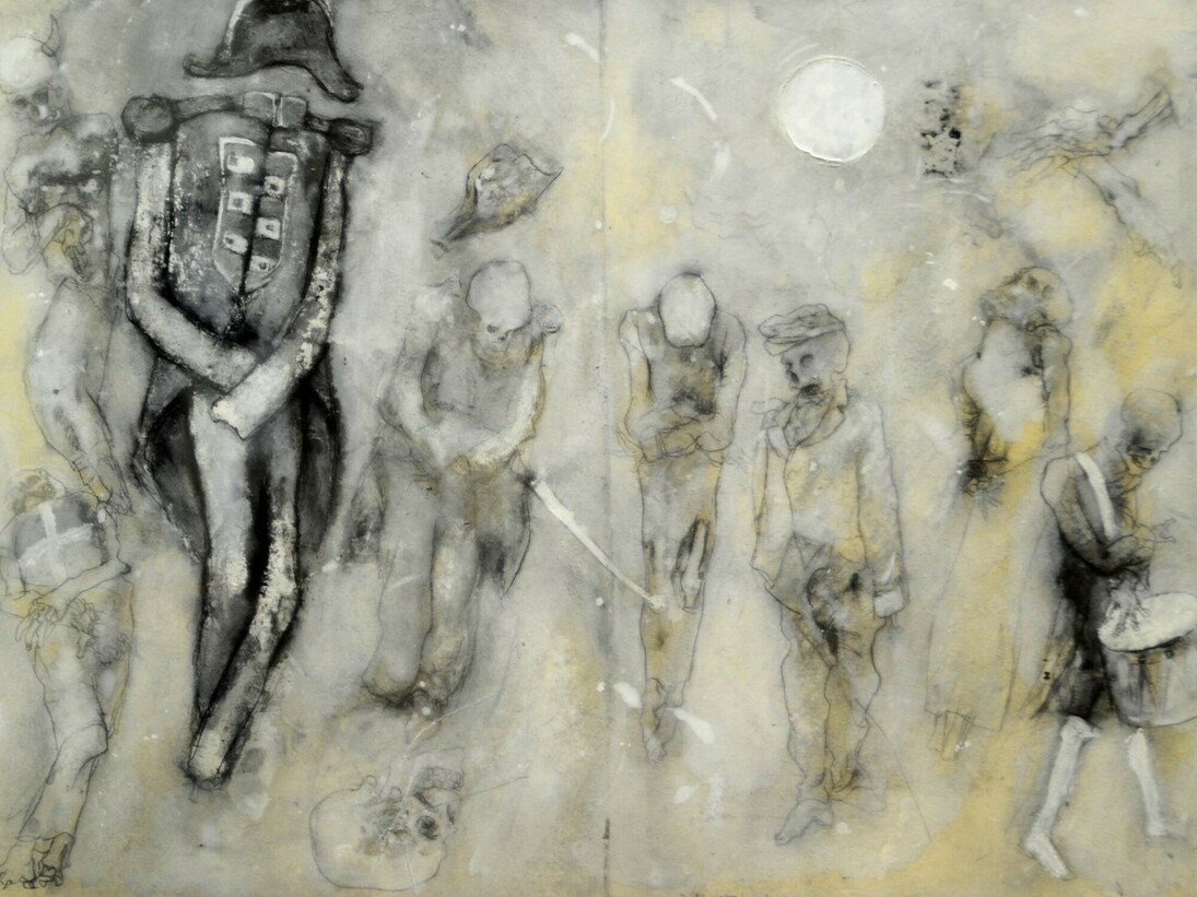 Bruno Canova, tavola dal libro L’arte della guerra, 1969-1972, grafite e tecnica mista su carta applicata su lastre di zinco, cm. 35 x 50.  Courtesy of  Museo “Il Correggio”
 
