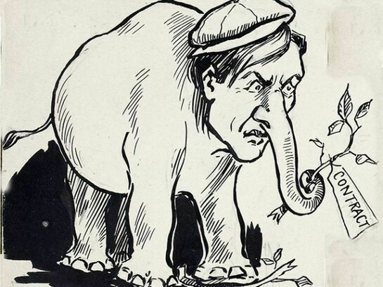 Original pen and ink caricature of Larkin as a lugubrious elephant, by Frank Reynolds