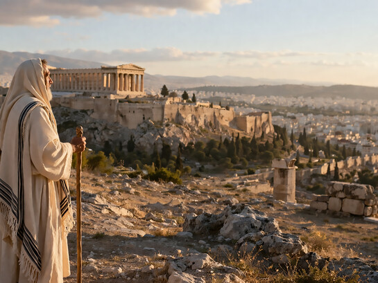 A contemplative figure overlooking an ancient city, symbolizing the origins of freedom shaped by faith and reason